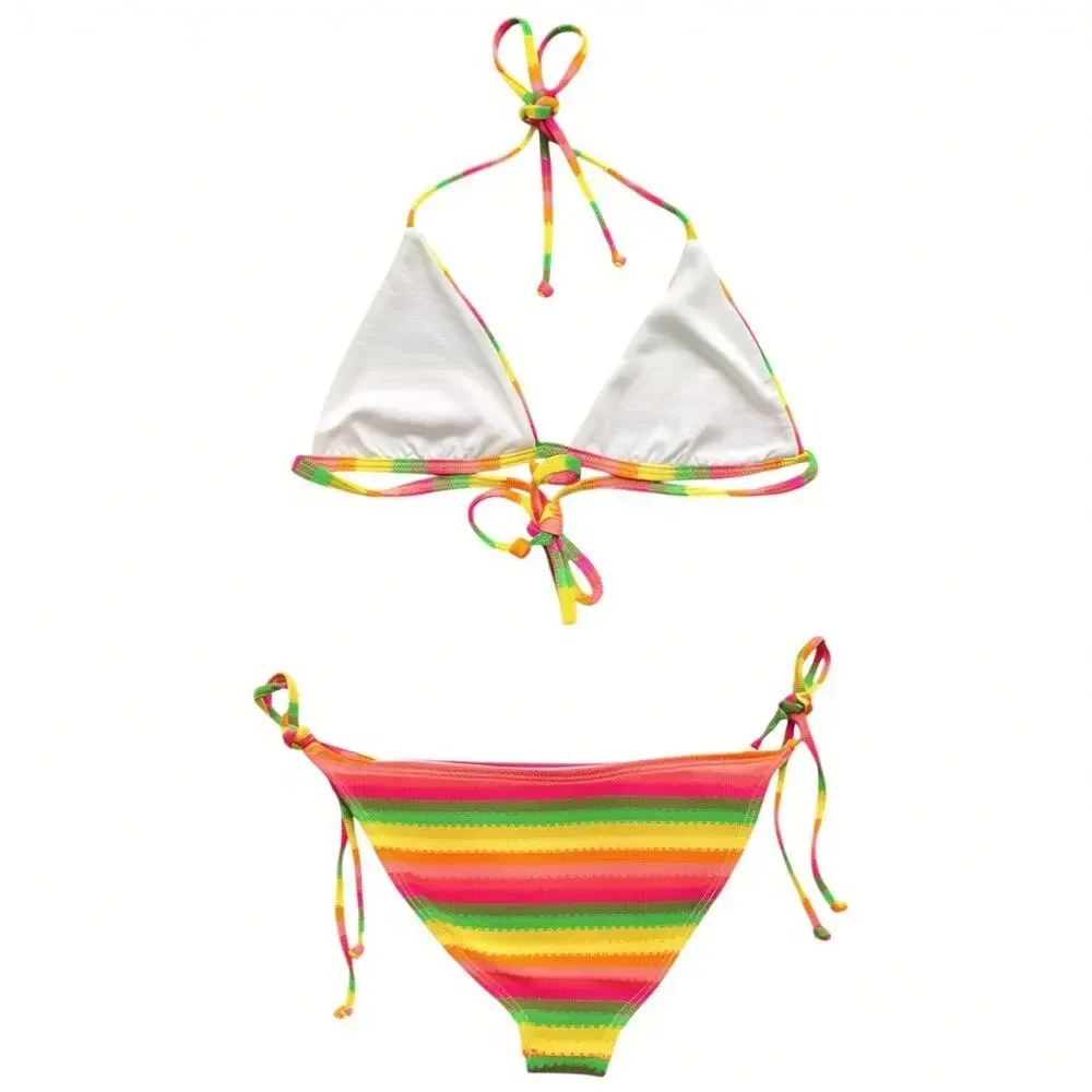 L*Space Lily Striped  Deep V Neckline Full Cut Swim Top Bottom Set, S